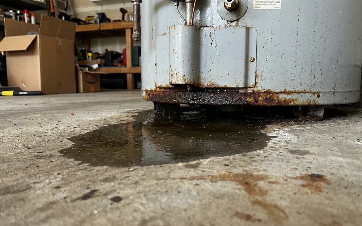 Water spreading across a garage floor beneath a water heater