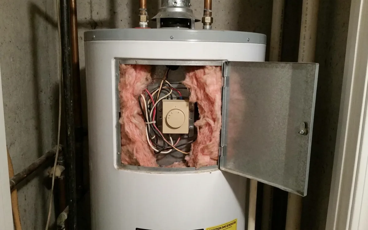 Open access panel on a water heater showing the thermostat and wiring