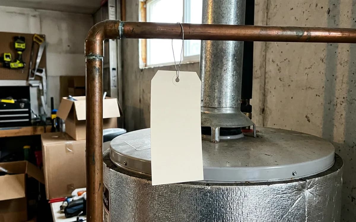Blank inspection tag hanging from a pipe above a newly installed water heater