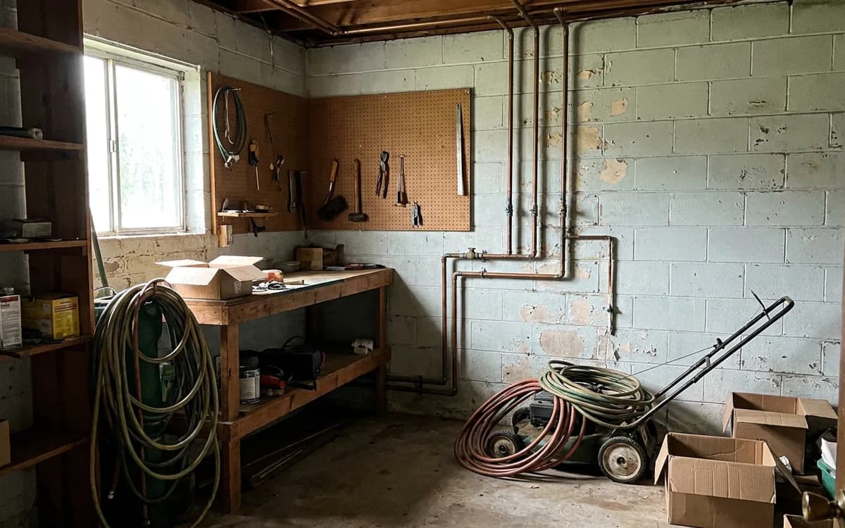 Older attached garage interior with exposed water lines along the wall