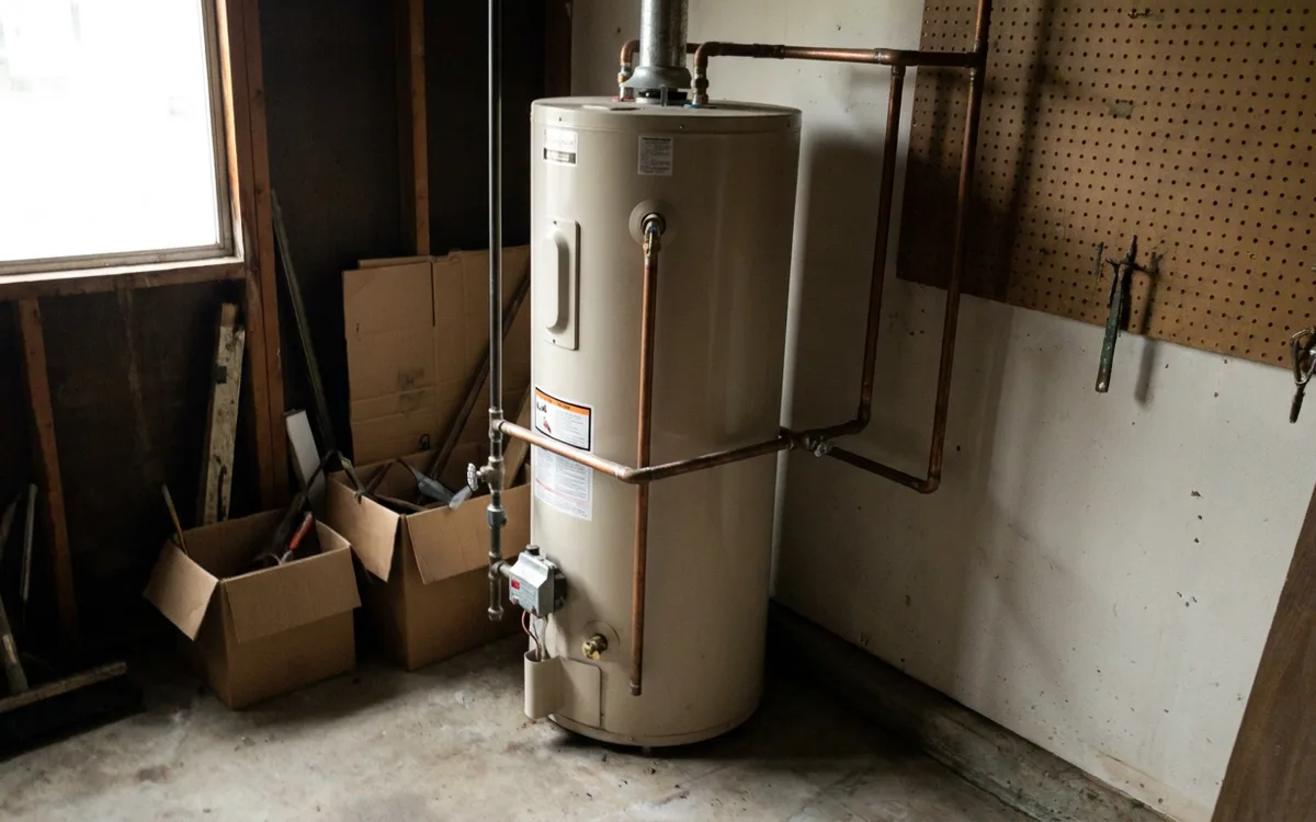 Basic residential water heater with minimal fittings in a garage corner