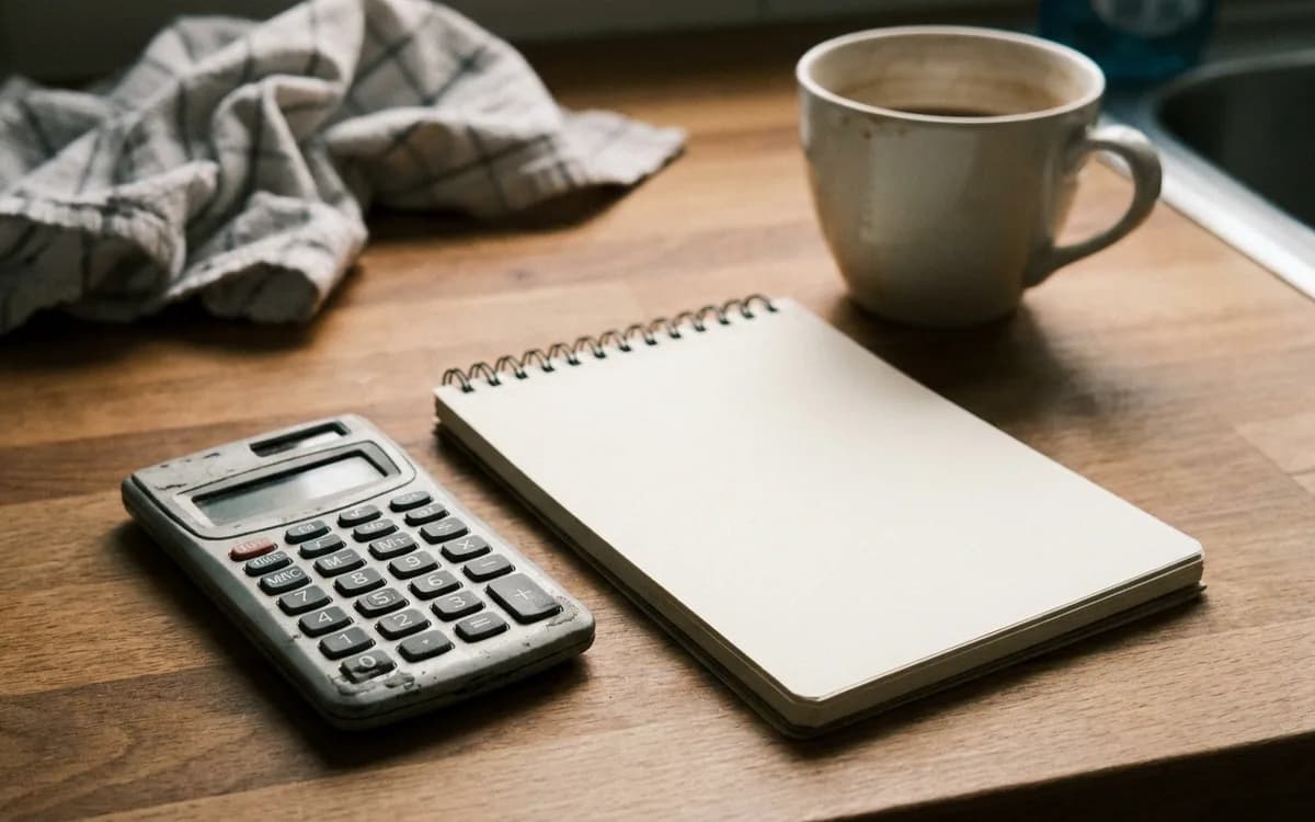 Calculator and a blank notepad on a kitchen counter