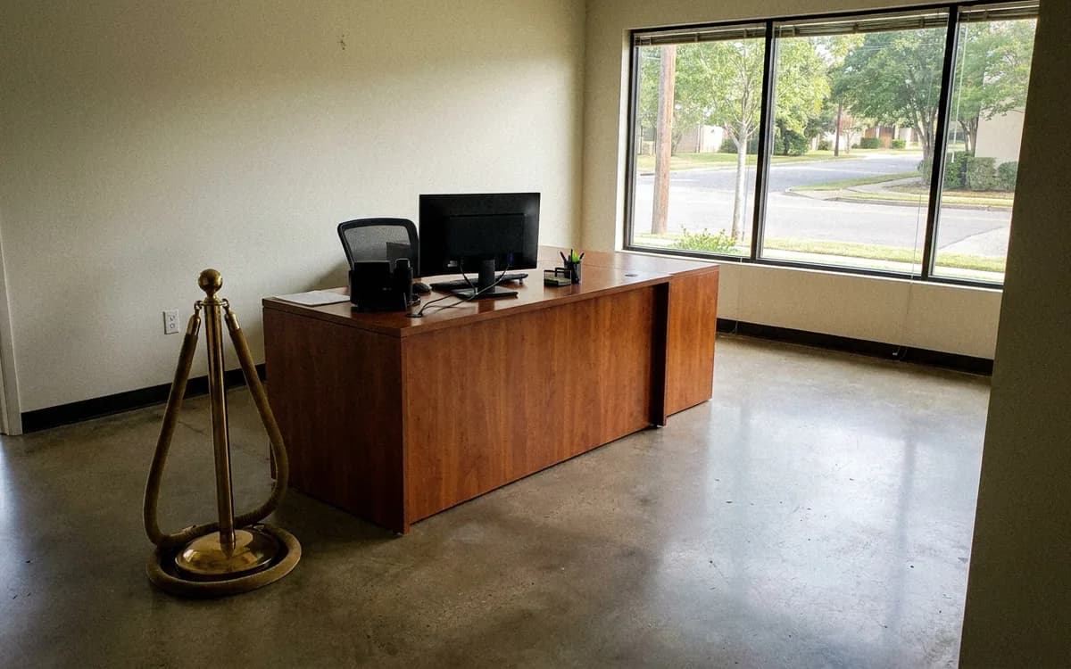 Empty public service counter with a queue rail in a municipal office