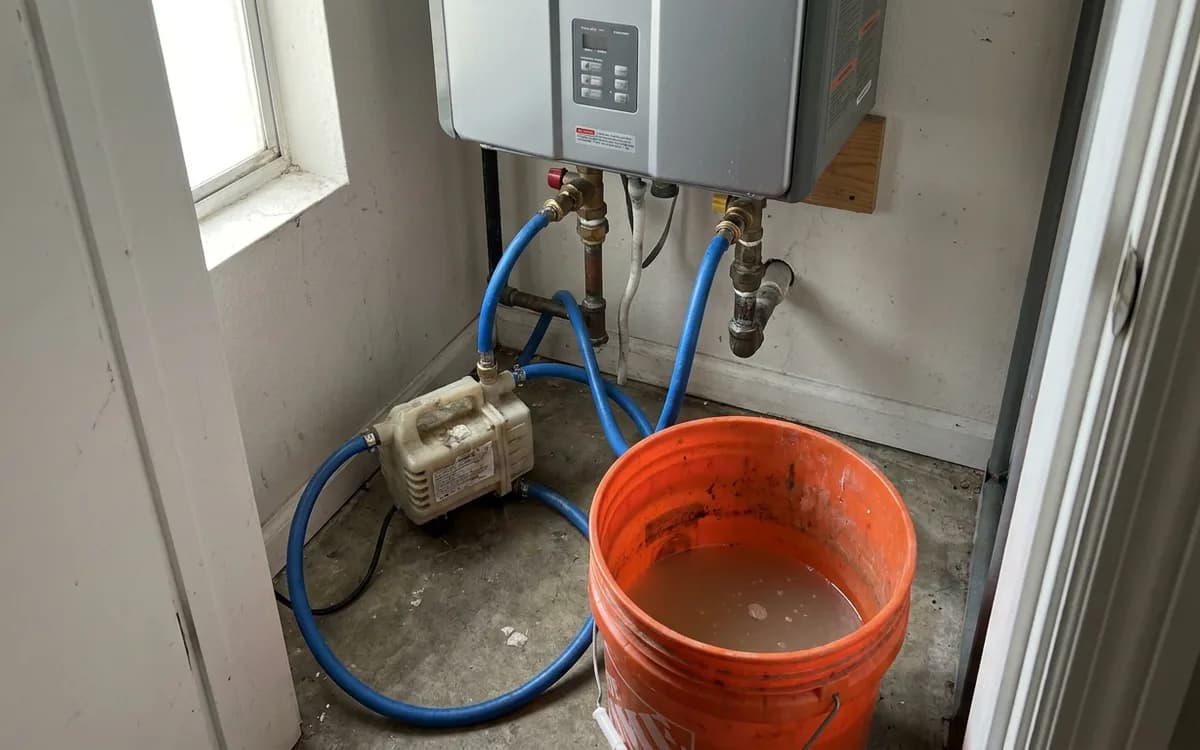 Descaling pump and hoses connected to the service valves of a tankless unit