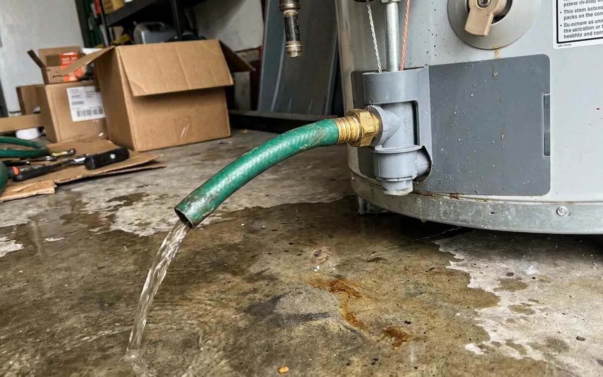 Garden hose attached to the drain valve at the base of a water heater