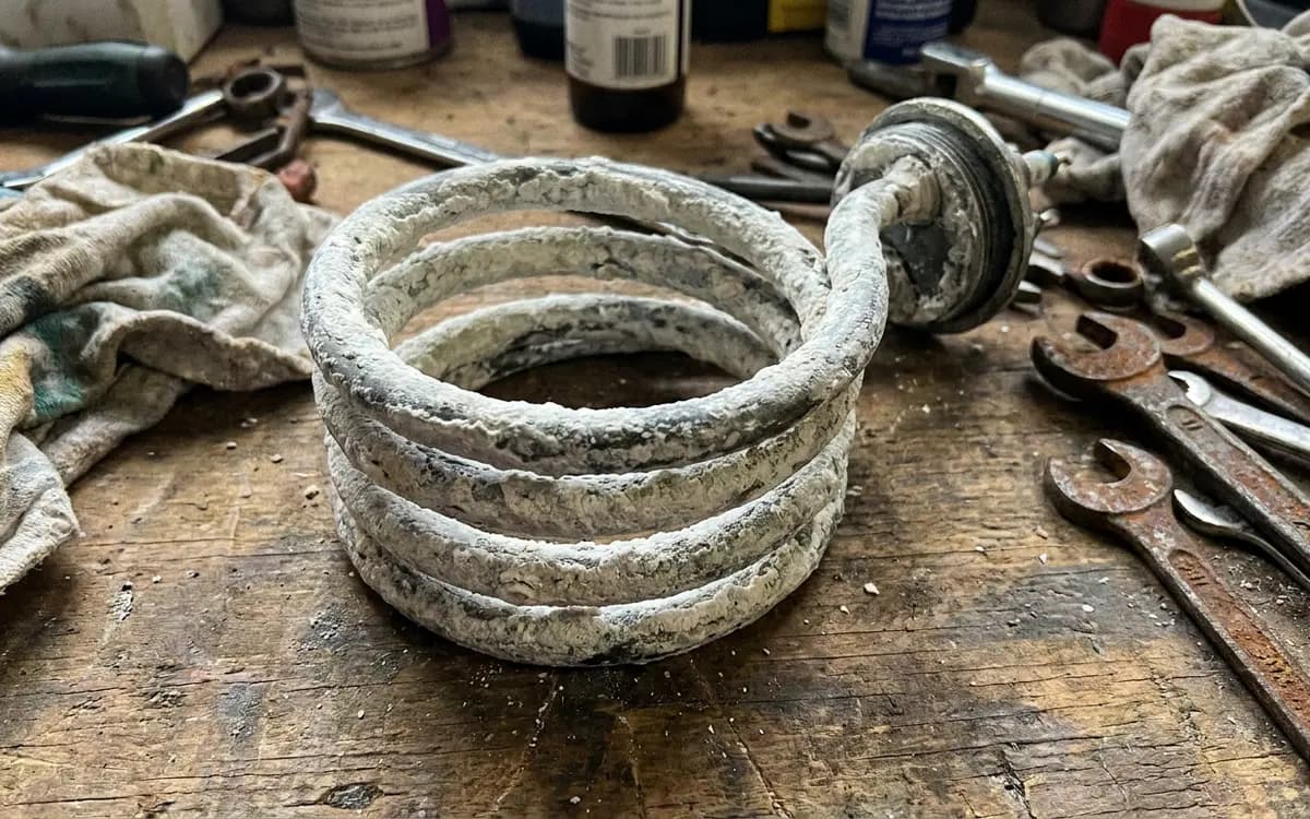 Heating element caked in mineral deposits after removal from a tank