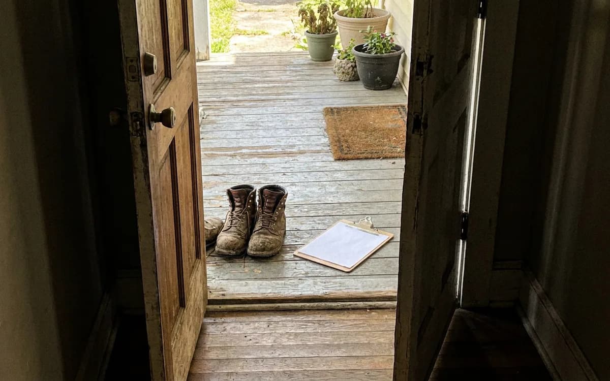 Clipboard and work boots on a front porch seen through an open door