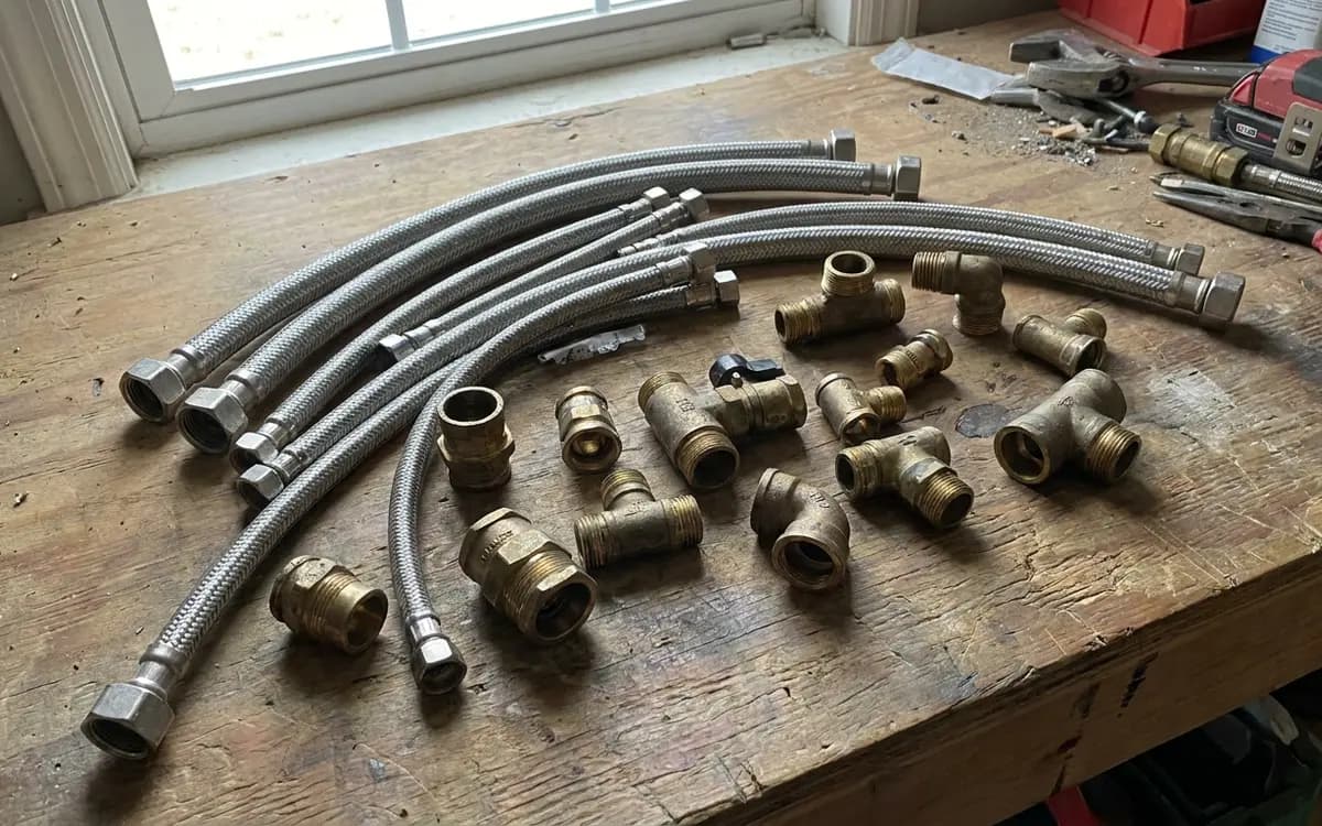 Braided flexible water connectors and brass fittings laid out on a work surface
