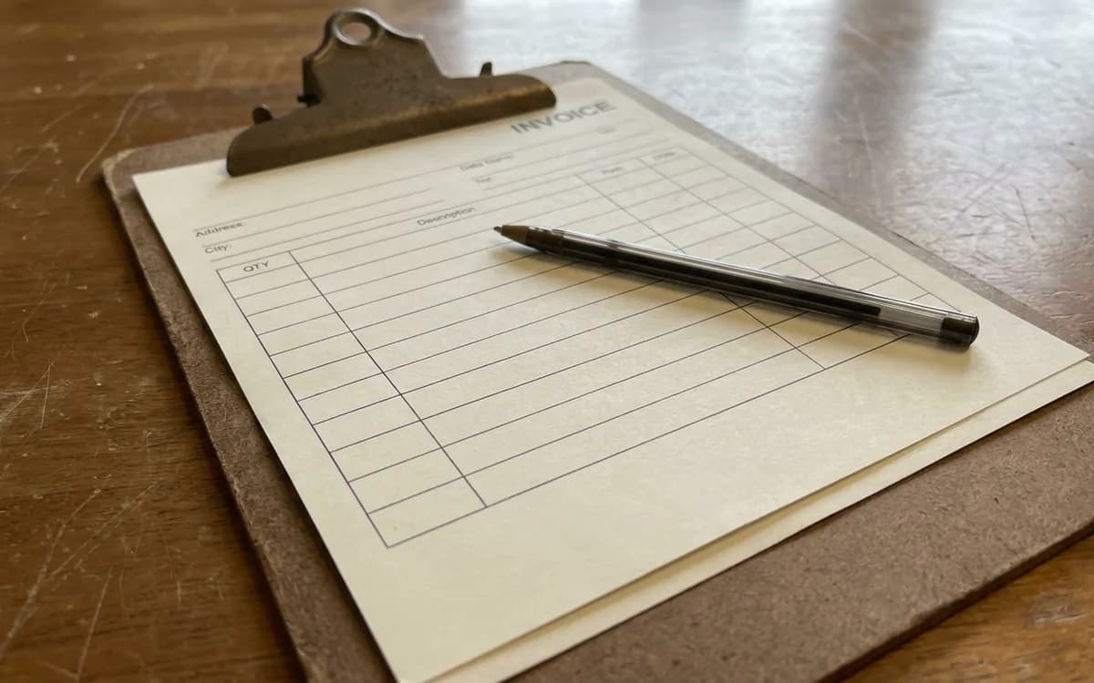 Blank ruled invoice form on a clipboard with a pen