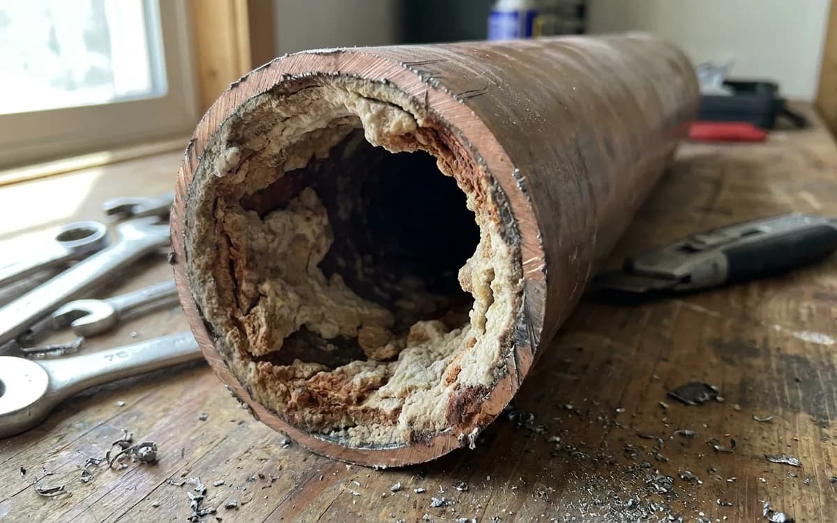Mineral scale visible on a cut section of household water pipe
