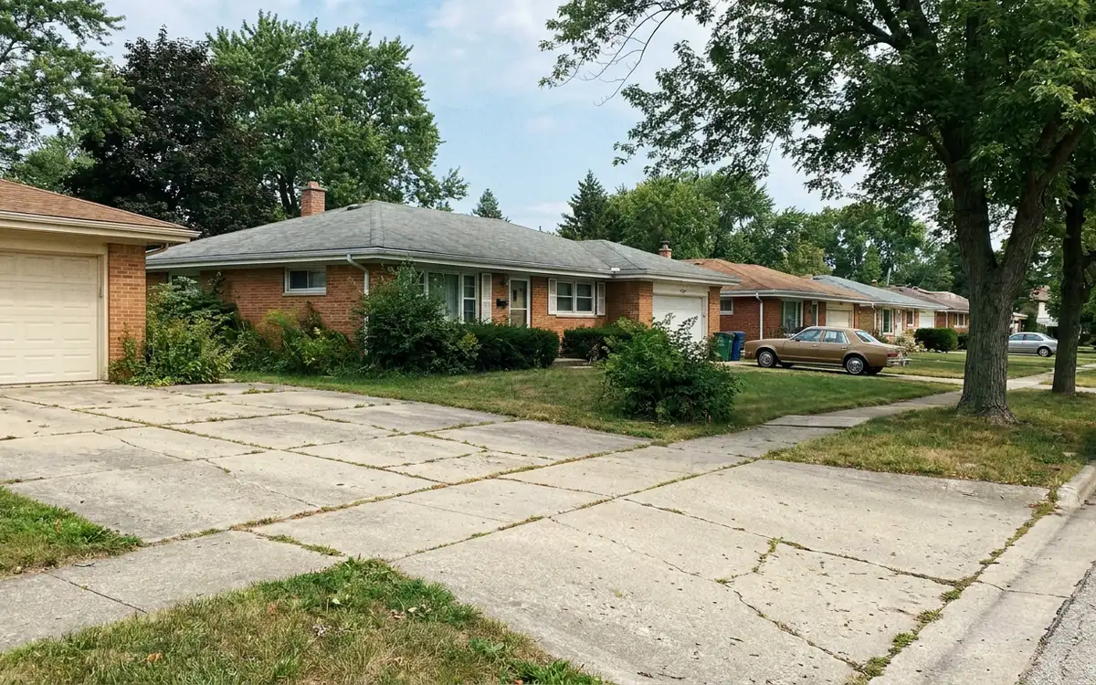 Brick ranch homes along a quiet suburban street