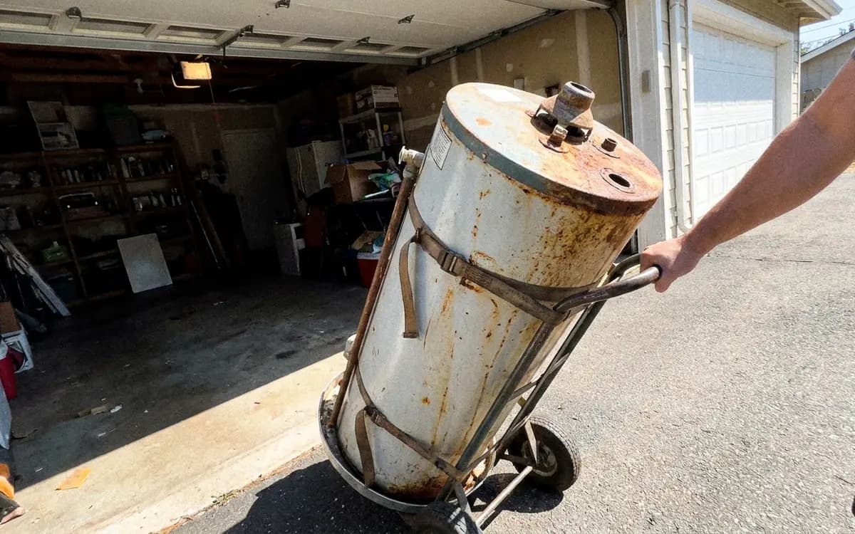 Old water heater on a hand truck being wheeled out of a garage