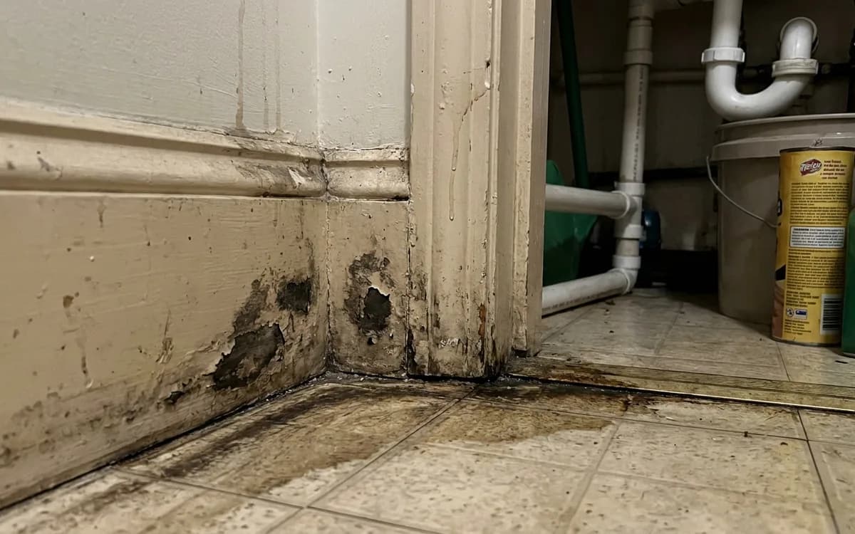 Damp baseboard and floor edge inside a utility closet