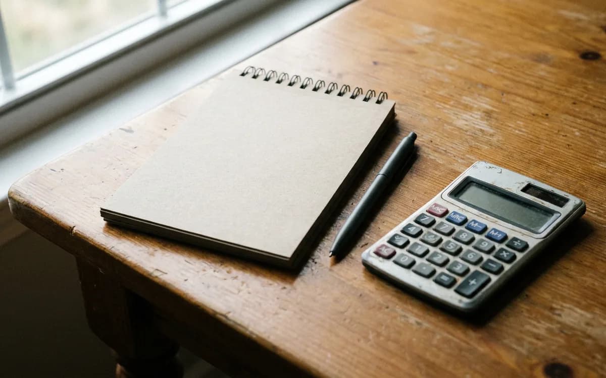Blank notepad and pen beside a calculator on a kitchen table