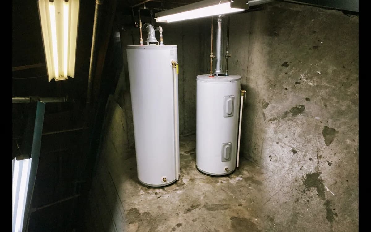 Two water heaters of different sizes standing side by side in a supply warehouse