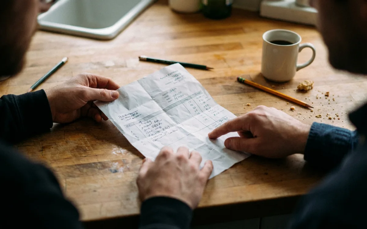 Two people reviewing a written estimate at a kitchen counter
