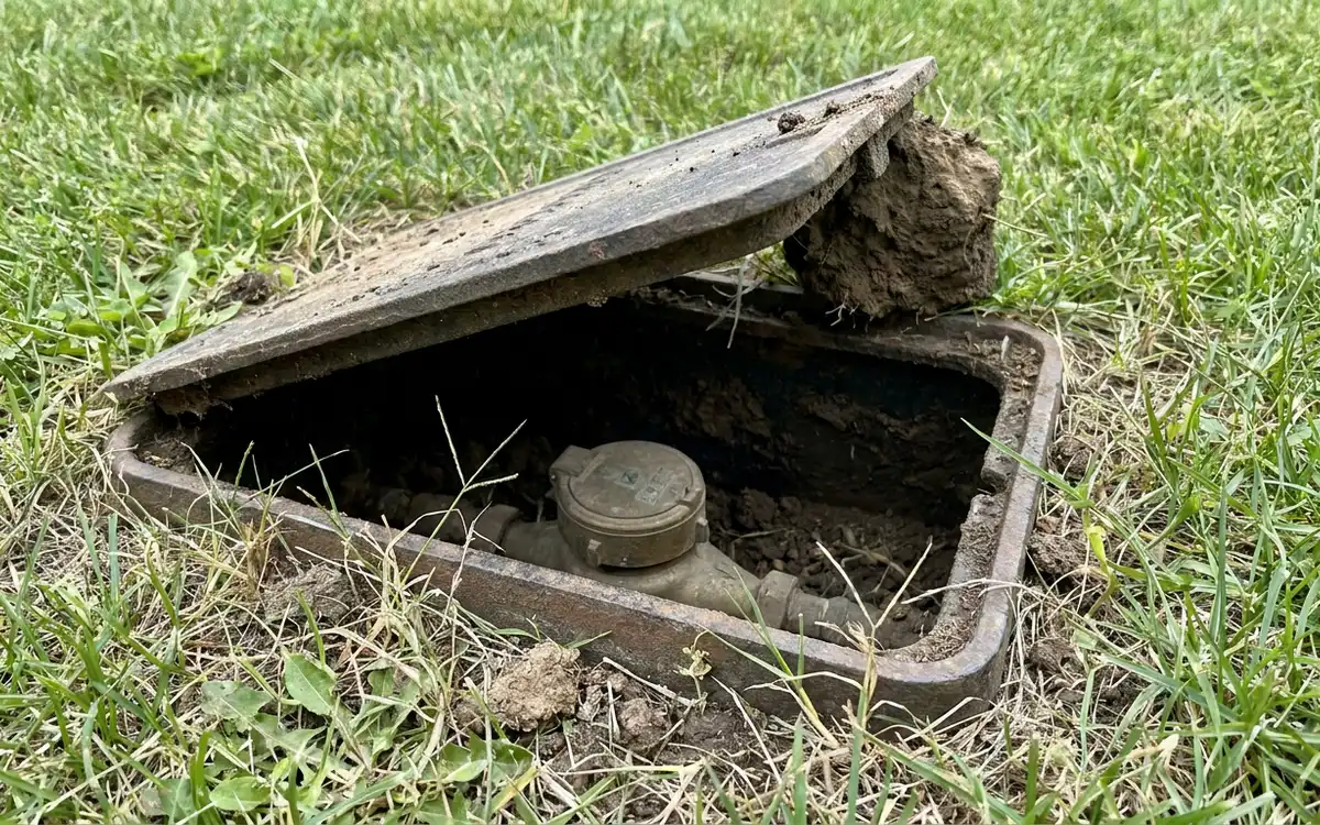Water meter box set into a residential lawn