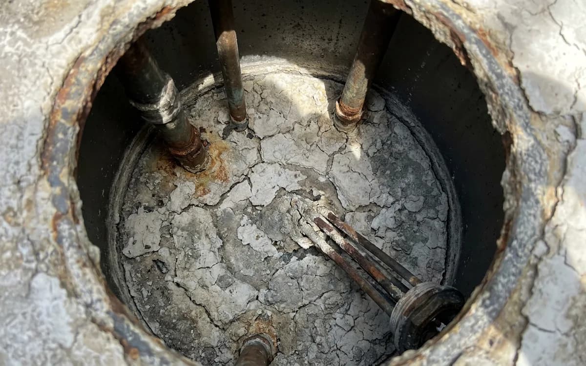 Chalky mineral sediment collected in the bottom of a drained water heater tank
