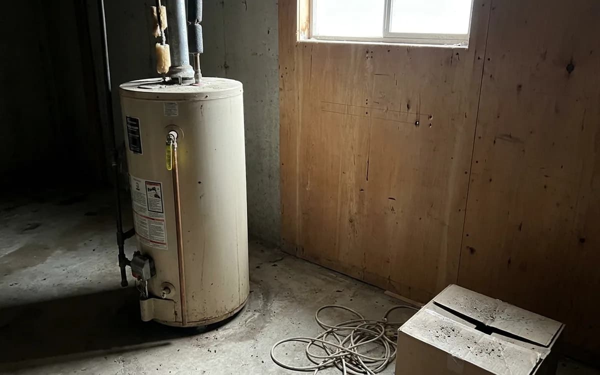 Traditional tank water heater beside an empty wall where a tankless unit could mount