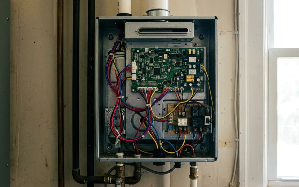 Control panel of a wall-mounted tankless water heater with the front cover removed