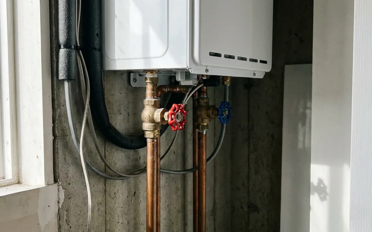 Isolation service valves fitted below a tankless water heater unit