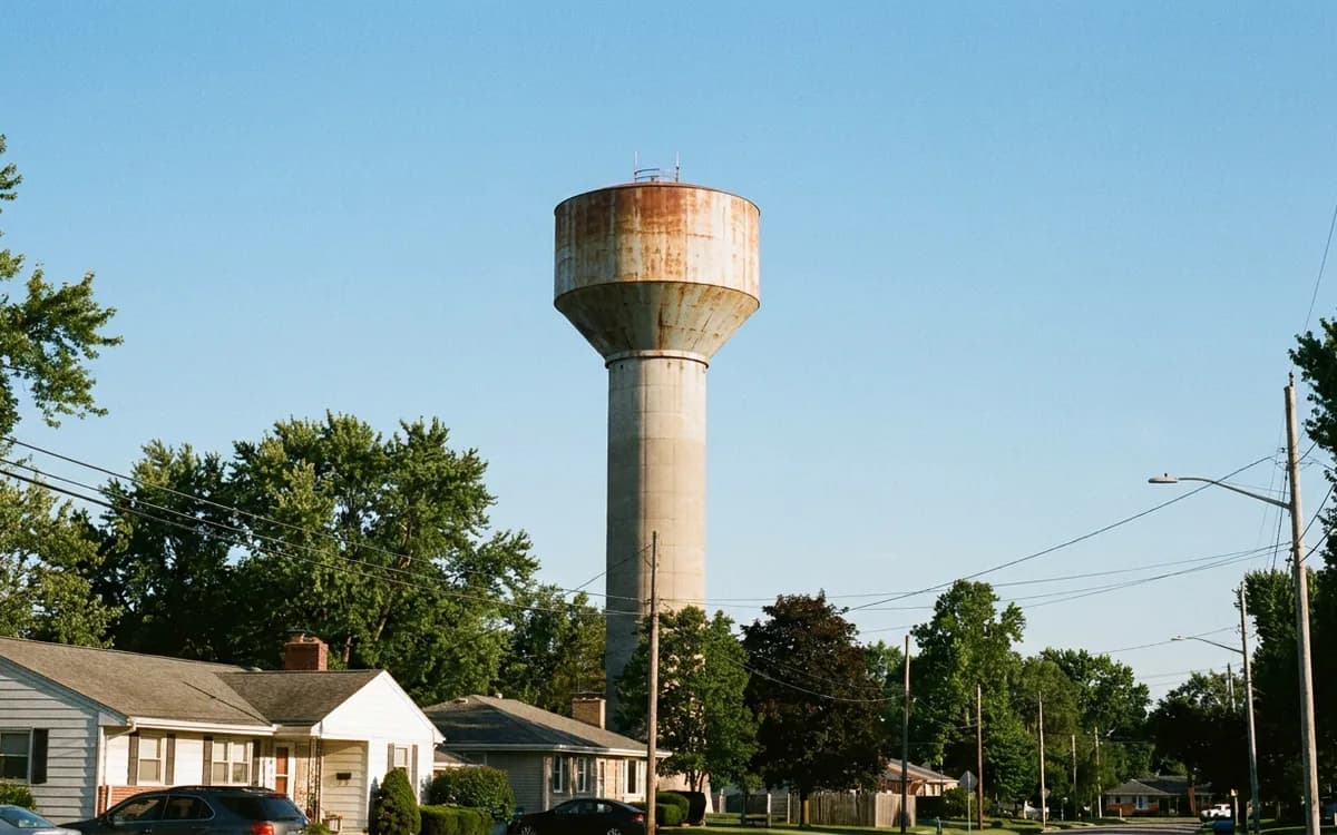 Municipal water tower rising above suburban rooftops