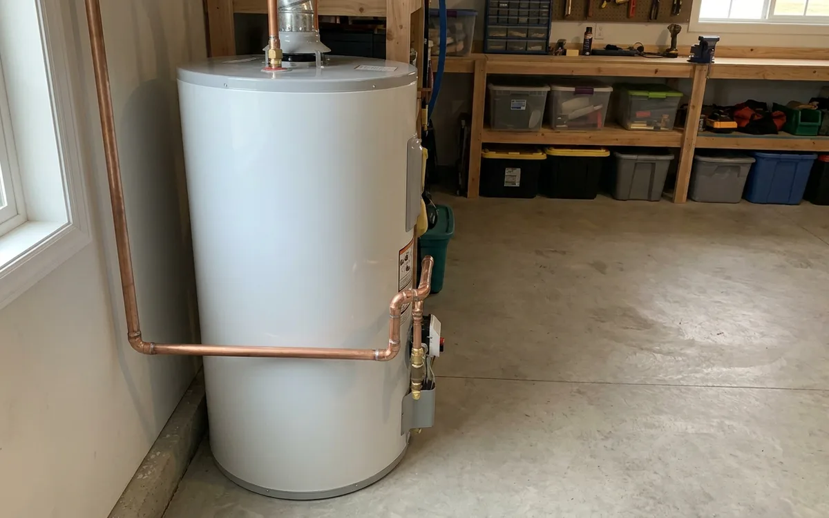 Clean, well-kept water heater with tidy copper connections in a garage